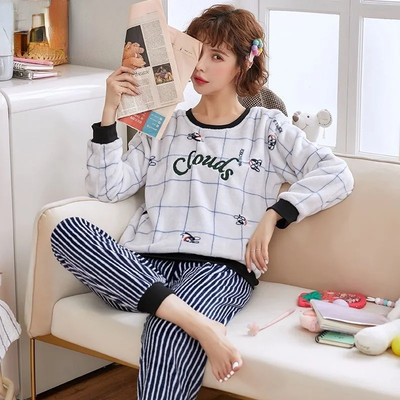 

QWEEK Women Loungewear Winter Pajamas Cute Flannel Pijamas Long Sleeve Trousers Two Piece Sets Home Clothes Nightwear Sleepwear