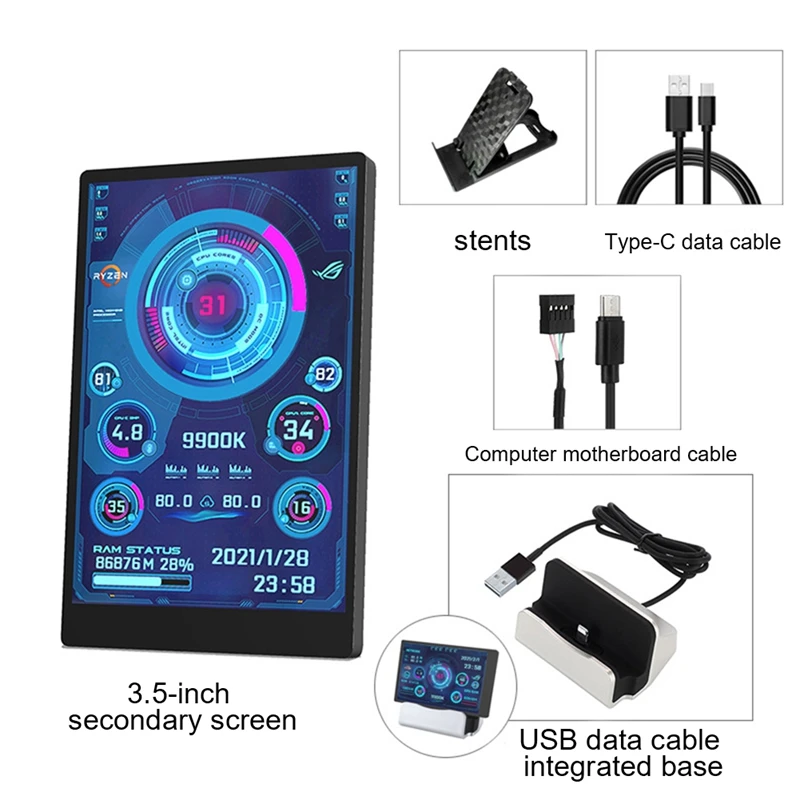 

1 Set 3.5 Inch IPS Computer Small Secondary Screen USB Chassis Secondary Screen Computer Monitoring Display Screen AIDA64