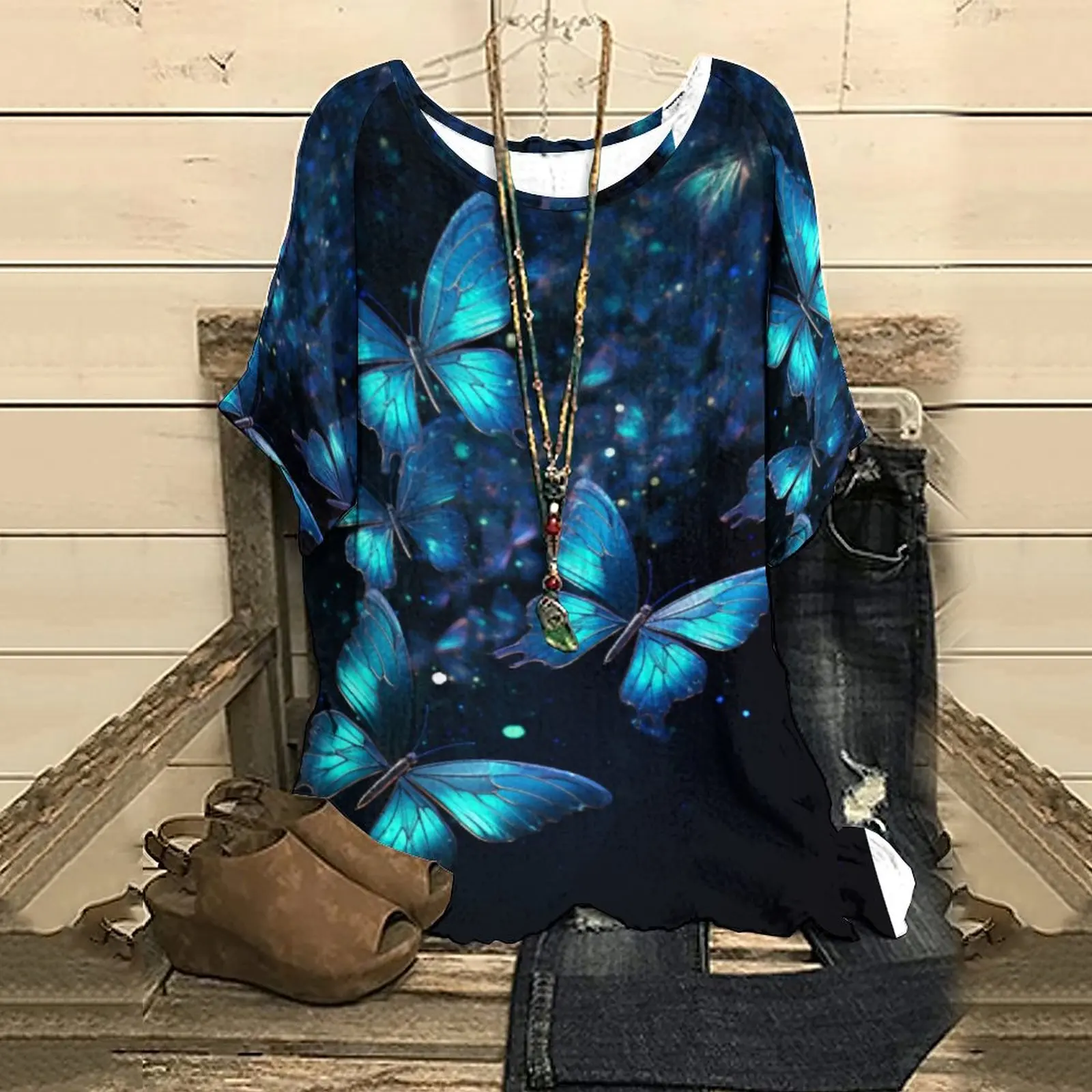 

New Summer Graphic Women's Top With Sleeves Women's Half Sleeve Top Tee Butterfly Glitter Print Classic T-Shirt Streetwear