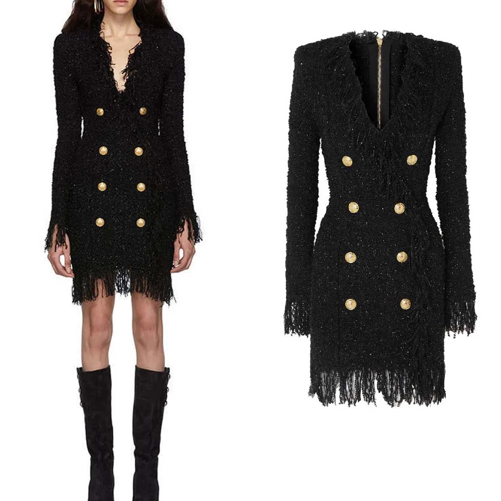 

Новинка 2022 Ранняя осень Европейское и американское платье с глубоким V-образным вырезом и двумя рядами пуговиц льва женское платье из яркого шелка и шерсти с бахромой