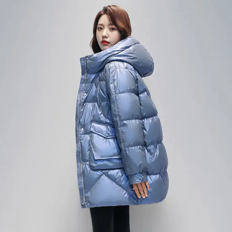 2022 New Korea Fashion Winter Jacket Women Parka Fashion Long Coat Hooded Glossy Parkas Loose Warm Snow Wear Padded Clothes