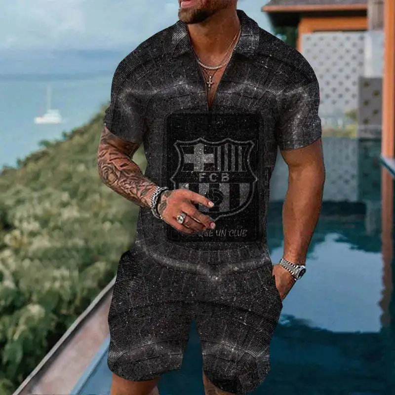 Summer Men Set Polo Shirt+Shorts Suit Short-sleeve V-neck Zipper t-shirts Streetwear Tracksuits 2 piece set Casual Men Clothes