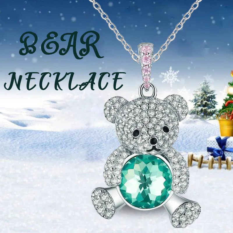 

Personality Cute Bear Necklace Round Gem Pendant Baby Girl Korean Fashion Kawaii Bear Necklace Suitable for Gift Jewelry