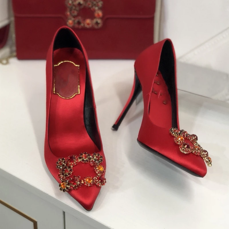 

Rhinestone Pointed High Heels Stiletto Small Size 33 Red Wedding Shoes Bridesmaid Bridal Shoes Satin Wedding Shoes Women
