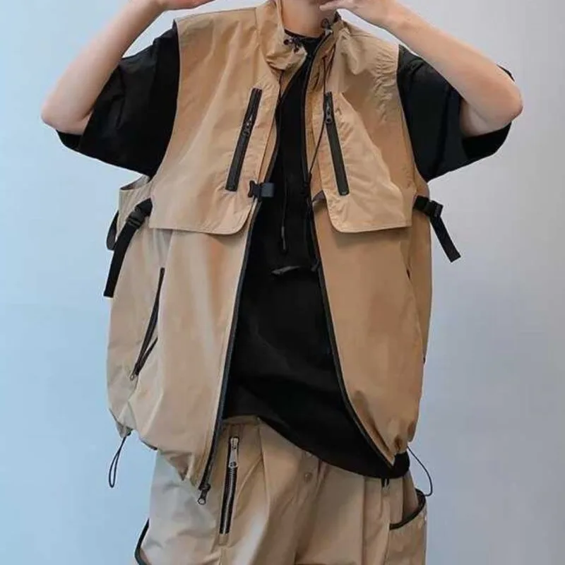 Мужской жилет без рукавов однотонный Свободный на молнии с воротником-стойкой и