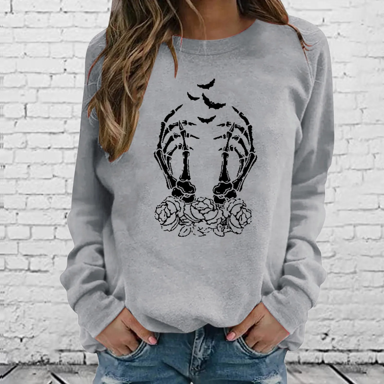 

Womens Casual Long Sleeve Crew Neck Skeleton Printed Hoodless Pullover Sweatshirt Top Blouse Hoodies with Dogs Collared Top