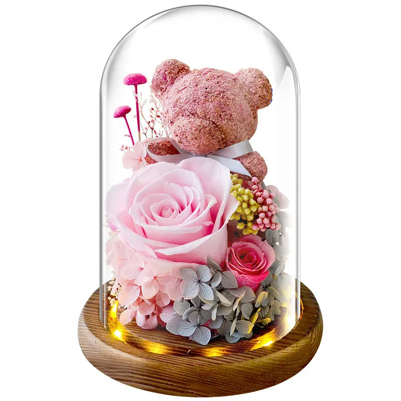 

Valentines Day Gift Eternal Rose Immortal Moss Cute Bear Dried Flower Rose Glass Cover for Girlfriend Lover Present Ornaments