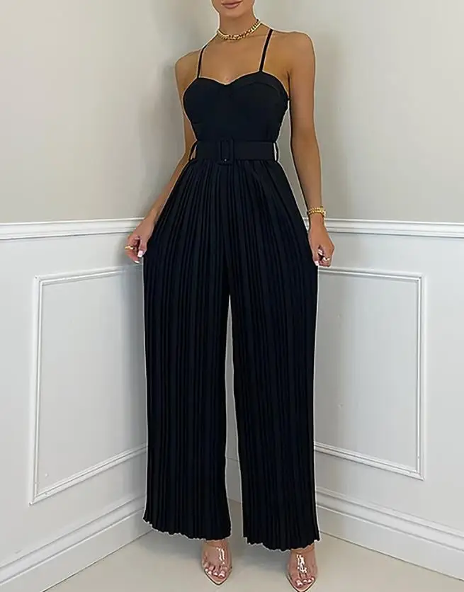 New Fashion Sexy Jumpsuit Women 2022 Casual Spaghetti Strap Low Cut Pleated Wide Leg Jumpsuit Female Sleeveless Rompers