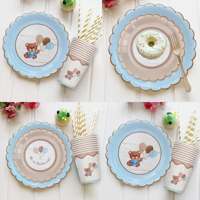 

10Guests Bear Teddy Disposable Tableware Blue Bear Plates Cups Babyshower Happy We Can Bearly Wait Baby Birthday Party Supplies