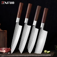 xituo 1 4 pcs three layer composite steel knife japanese santoku knife chef cleaver kiritsuke knife forged hammer print non stic