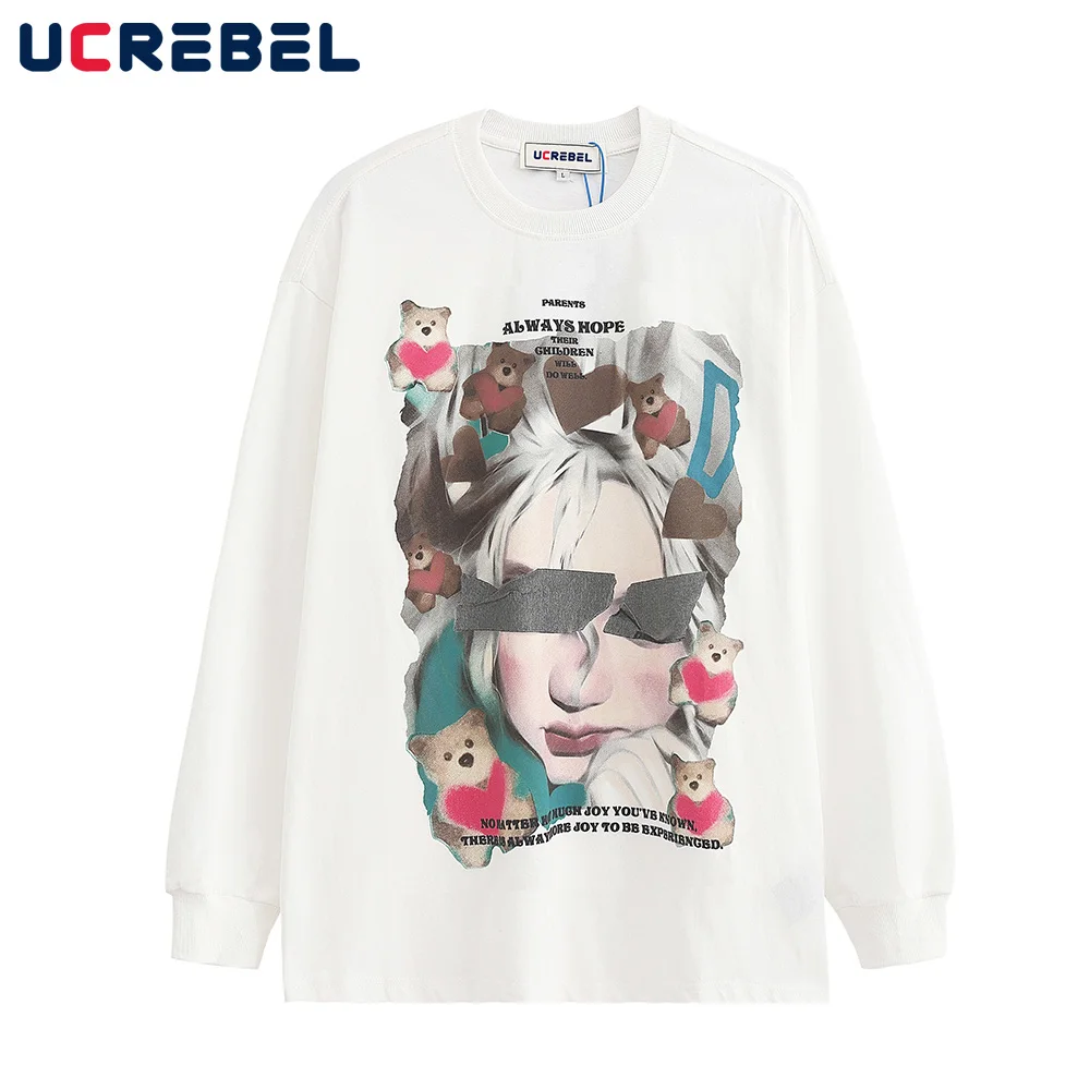 

Portrait Print Loose Cotton Tee Mens Streetwear Little Bear Round Neck Long Sleeve T-shirt Autumn Drop Shoulder Casual Top Men