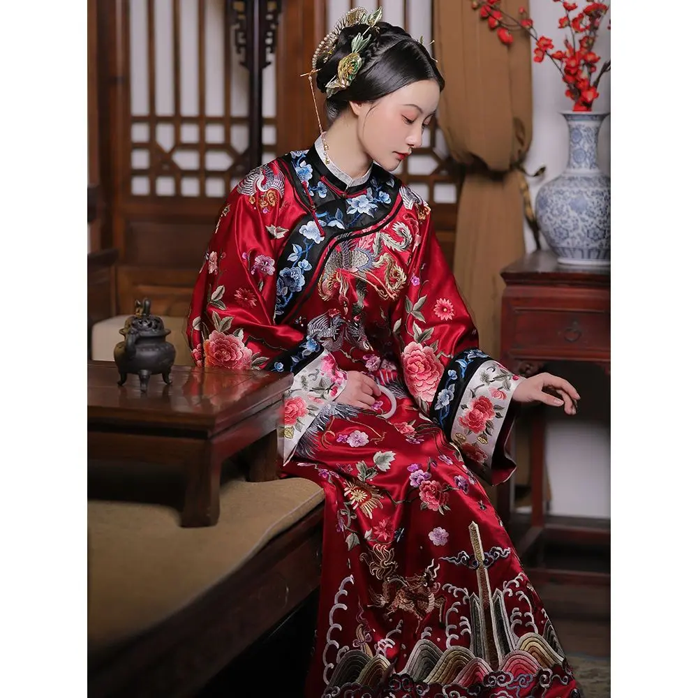 

Chinese Traditional Hanfu Cosplay Costumes Qing Dynasty Qipao Red Printing Imitation Embroidery Improved Cloak Cheongsam Dress