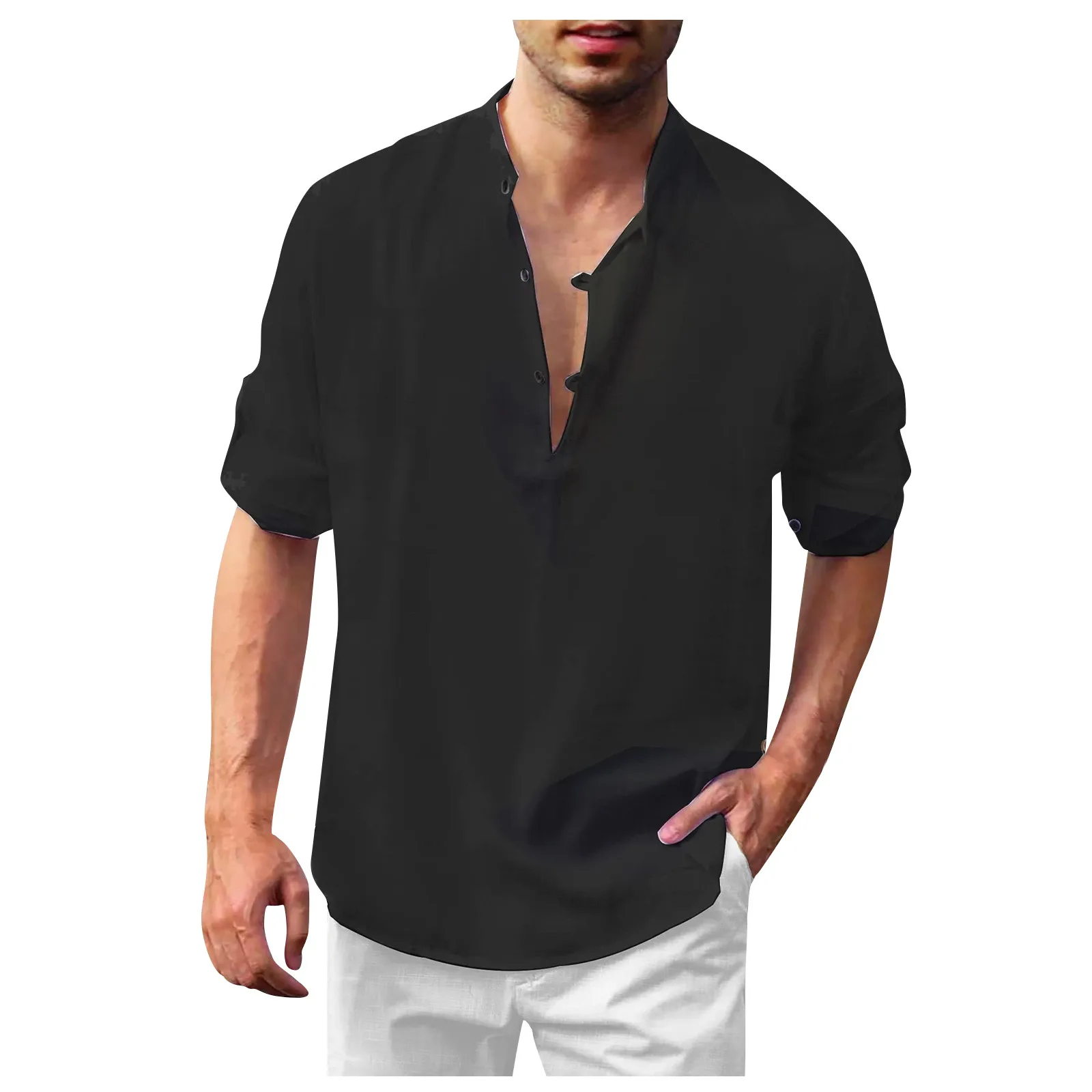 

Spring Summer Men's Shirt Casual Cotton Linen Solid Color Long Sleeve Top Loose Collarless Shirts Loose Fashion Shirt
