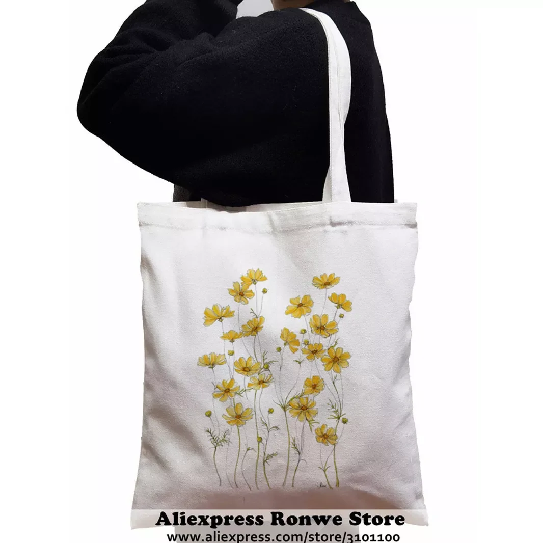 

Yellow Flowers Printed Tote Bag women Harajuku shopper handbag girl Shoulder shopping bag Lady Canvas Bag