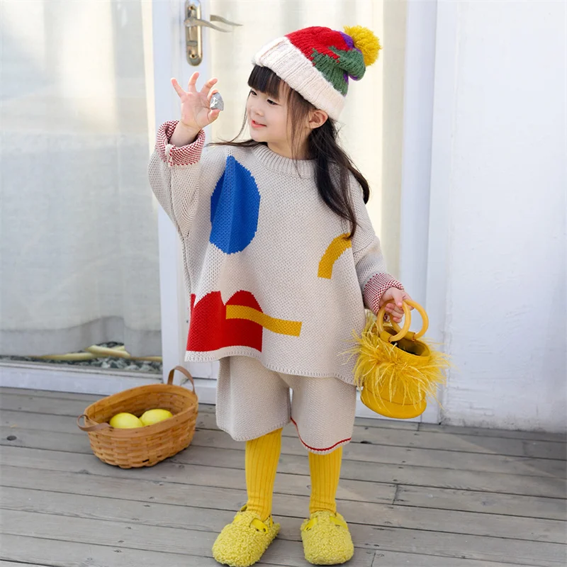 

Kids Baby Girls Sweater Set Toddler Long Sleeve Knit Tops Knitted Shorts Suits Children Pullover Sweaters Teenager Knitwear
