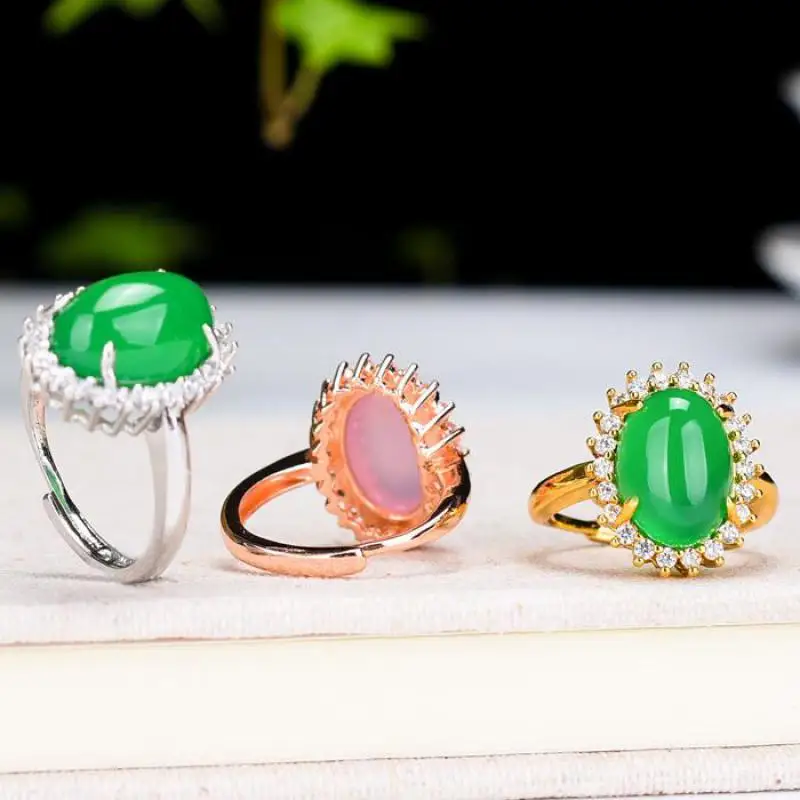 

Women Pink Jade Zircon Ring Adjustable Women Bands Green Jadeite Myanmar Jades Rose Gold Rings For Girlfriend Mom Gifts