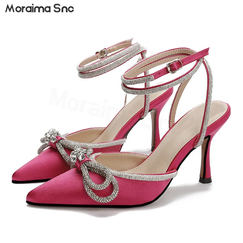 

Summer Baotou Empty High-Heeled Sandals Sexy Pointed Toe Fashion Bow Rhinestone Temperament High-Heeled Women's Shoes
