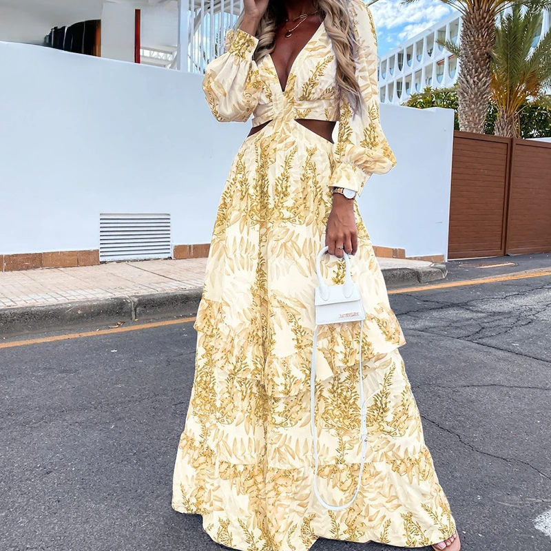 

OEING Bohemia Floral Long Dress Women Elgeant Summer Sexy V-Neck Backless Hollow Holiday Party Club Beach Maxi Dresses Vintage