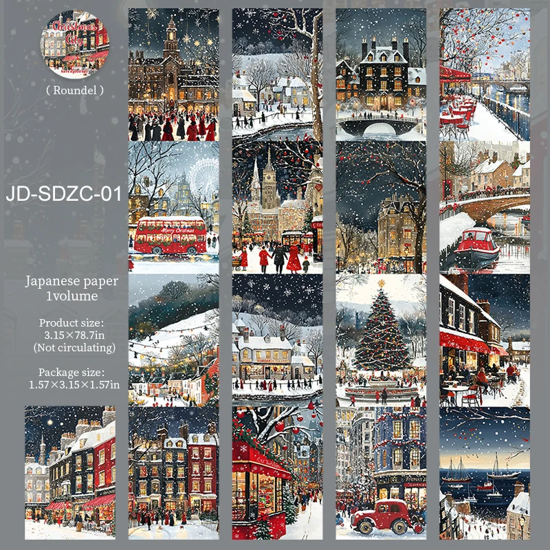 JIANWU 80mm*200cm Christmas City Series Vintage Snow Street Landscape Material Collage Washi Tape Creative Journal Stationery