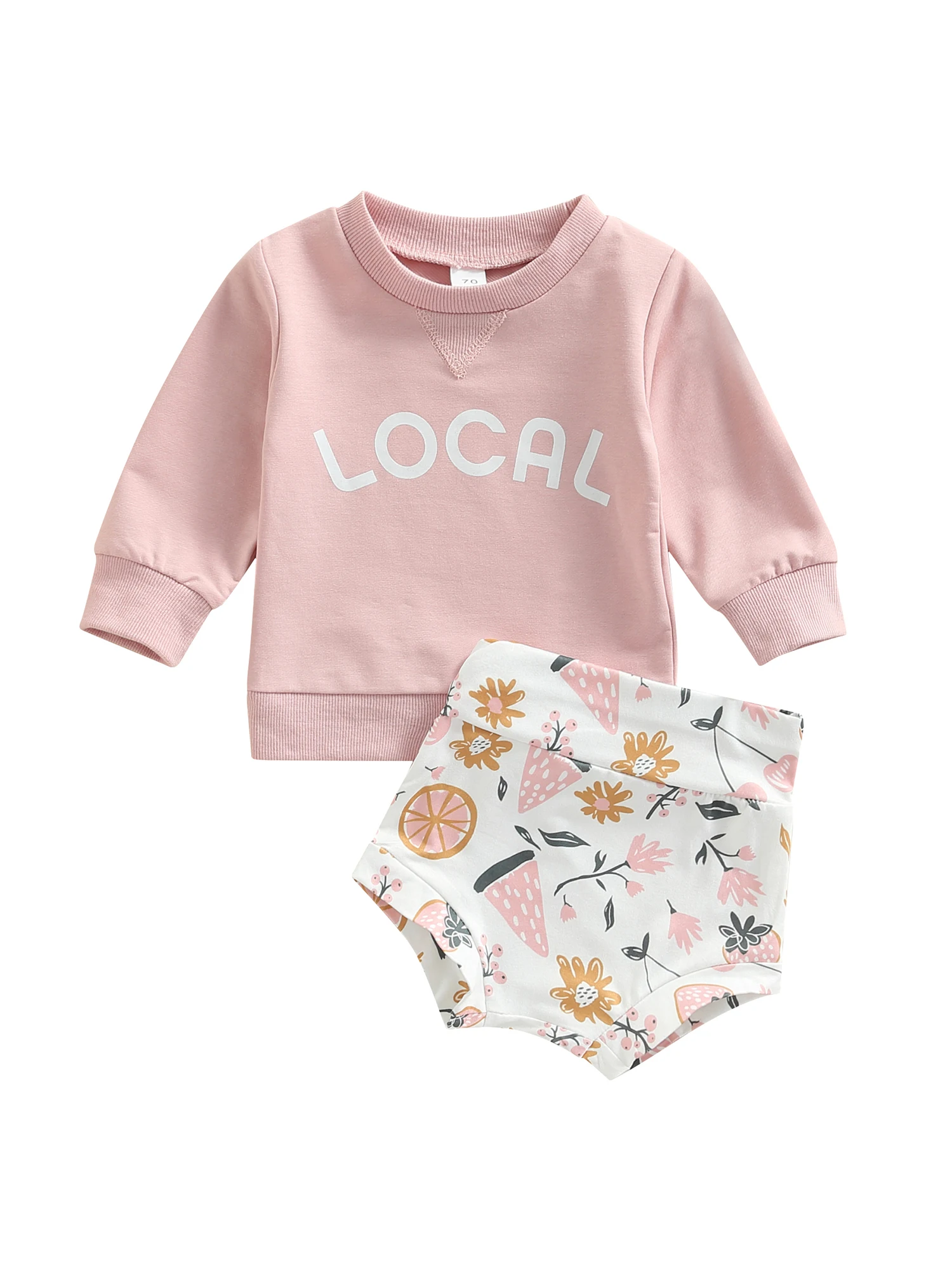 

Newborn Girl Shorts Outfits Long Sleeve Letter Printed Round Neck Pullover Floral Fruit Printed Short Pants Set