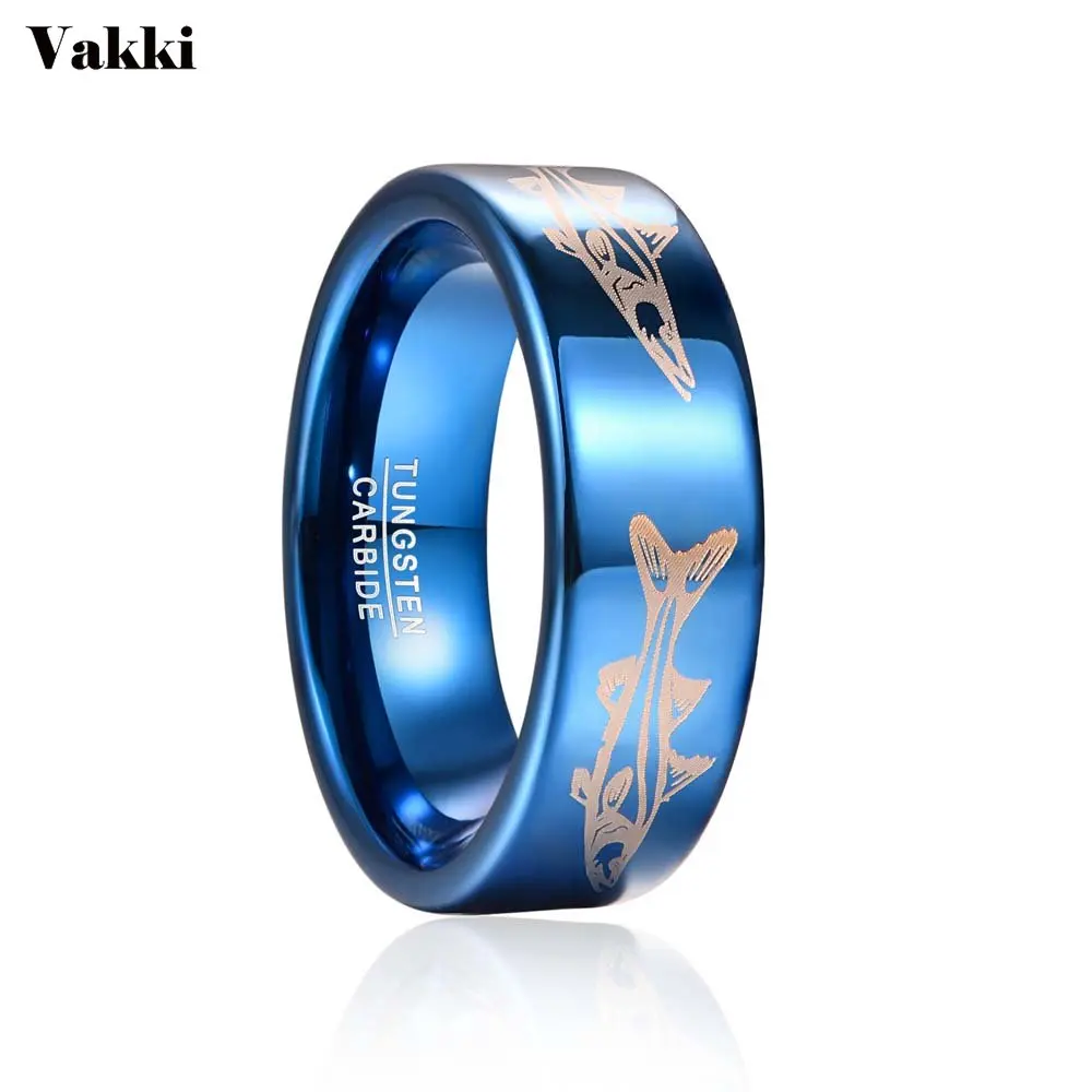 

BONLAVIE 8mm Tungsten Ring Electroplating Blue Laser Fish Pattern Tungsten Carbide Ring Wedding Engagement Band Size 7 to 12