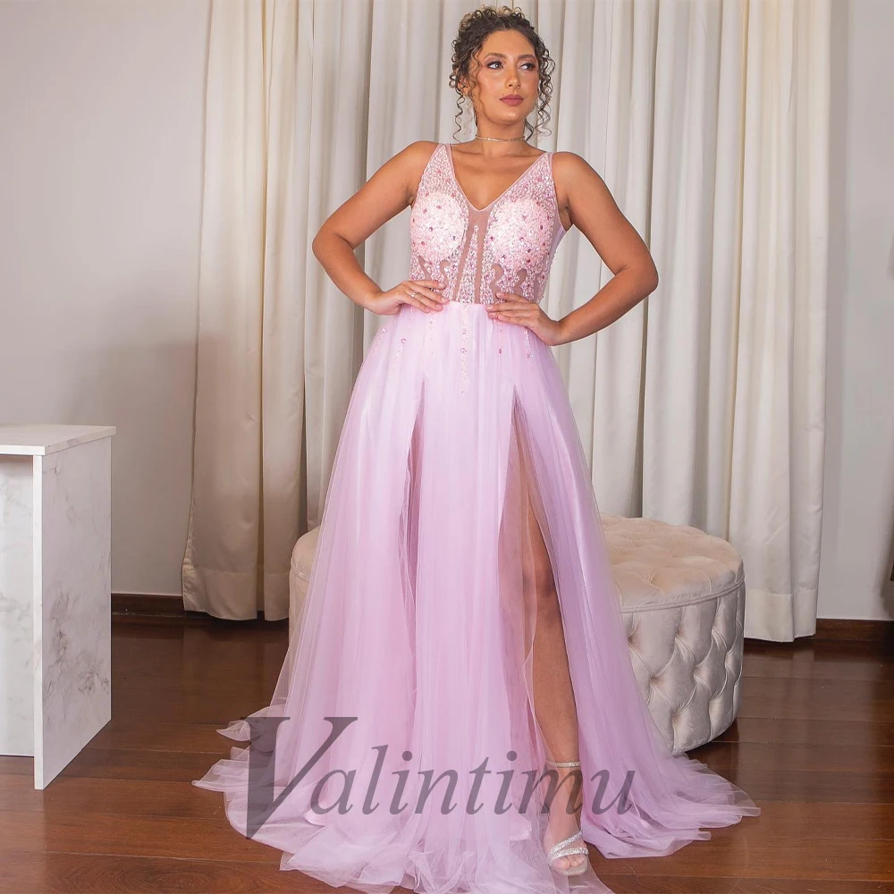 

Valintimu Modern Tulle V-Neck Party Dresses For Women A-Line Beadings Sequined Illusion Personalised Vestidos Robes De Soirée