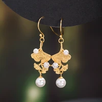 chinese style ginkgo leaf pearl ear hooks dangle earrings 925 sterling silver zircon gold plated long drop earrings jewelry e109