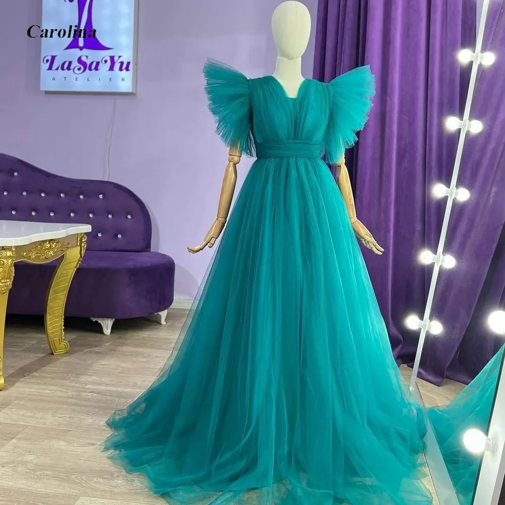 

V Neck Prom Gown Custom Made Floor Length Ruffles Sleeves Tulle Occasion Dress Robe De Soirée Women Ruched Evening Party Dress