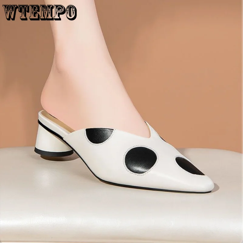 WTEMPO Pointed Mid Heels Slippers Women Summer Shoes Sexy Sandals Leather Mules Shallow Slides High Heel Shoes Dropshipping