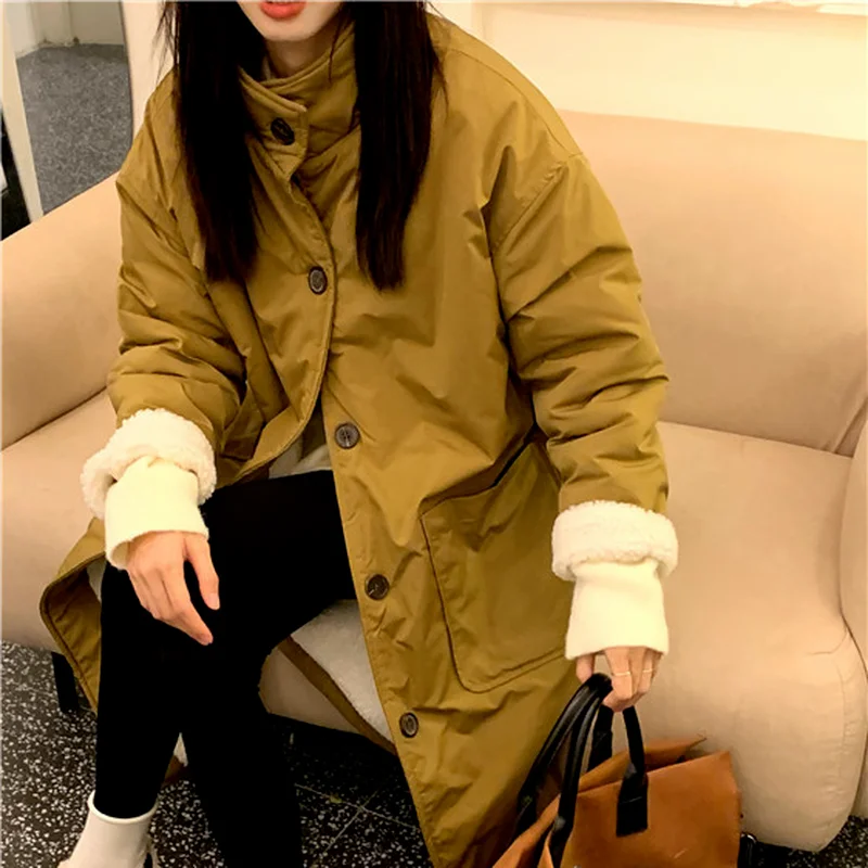 

Thickened Parka Coat on Both Sides Wear Casual Long Single-breasted Cotton Jacket Women 2022 Winter New Lamb Velvet Jacket