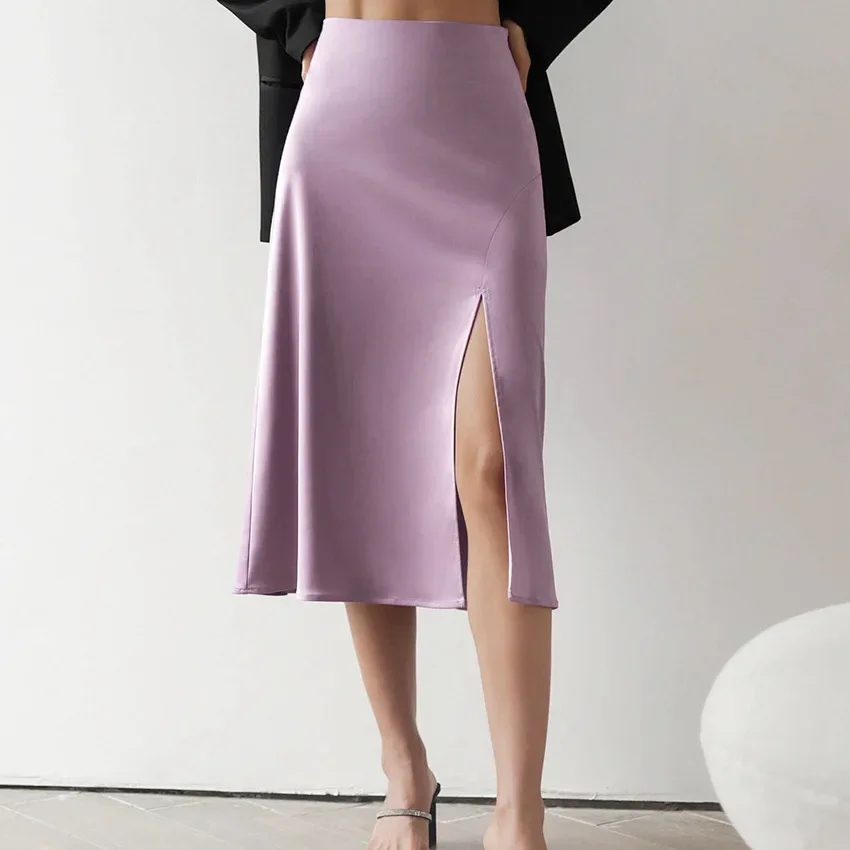 

Sexy Split Long Skirt Women's 2021 Summer New Solid Color Zipper Satin Satin A-line Skirt Medieval Skirt