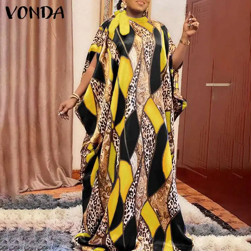 

VONDA Fashion Women Vintage Printed Dress Baggy Bow Round Neck Long Maxi Sundress Leopard Printed Robe Pleated Vestido Oversized