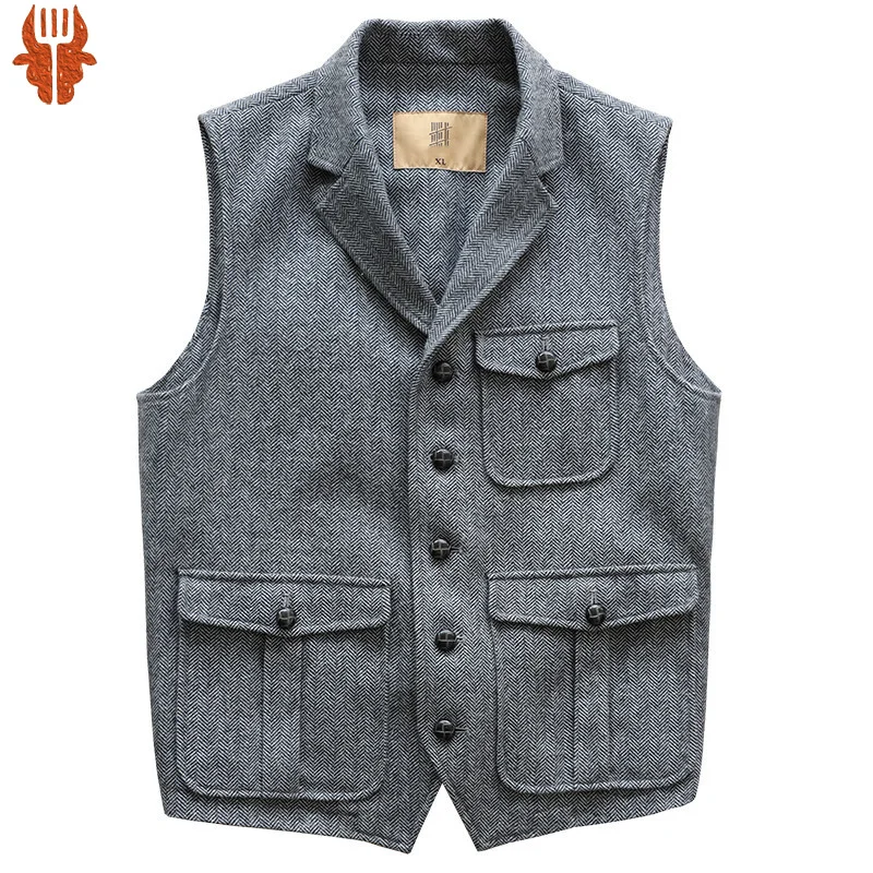 

Men's Tweed Vest Wool Suit Collar with Pockets Formal Working Waistcoat Elegant and Vintage Wedding Dress Male Classic Clothes