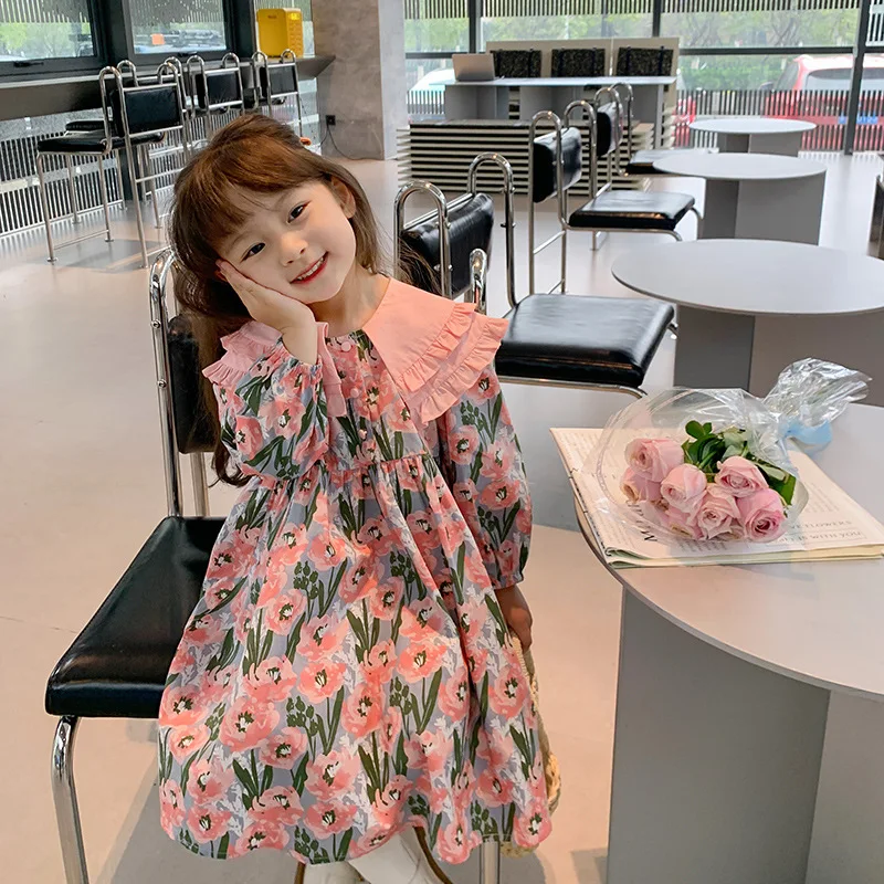 

Kids Clothes Girls Dress Floral 2023 Spring Autumn New Fashion Knee-Length Beautiful Flower Dress Lovely and Sweet Playful