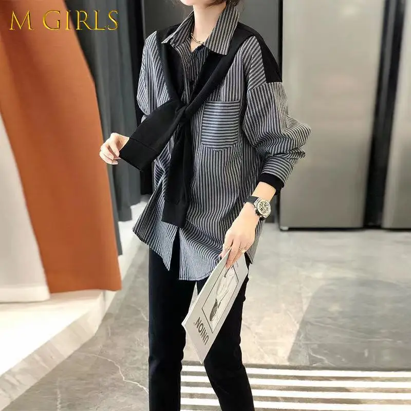 

M GIRLS Shirts Women Casual Autumn Lady Tops Striped Stylish Single Breasted Tender Classy Basic Teens Preppy Style Vintage Long