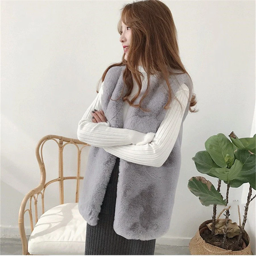 Fall Winter Mid-length Faux Rabbit Fur Vest Women Warm Thick Gilets Plush Soft Waistcoat Sleeveless Jackets Fashion Outwear Top