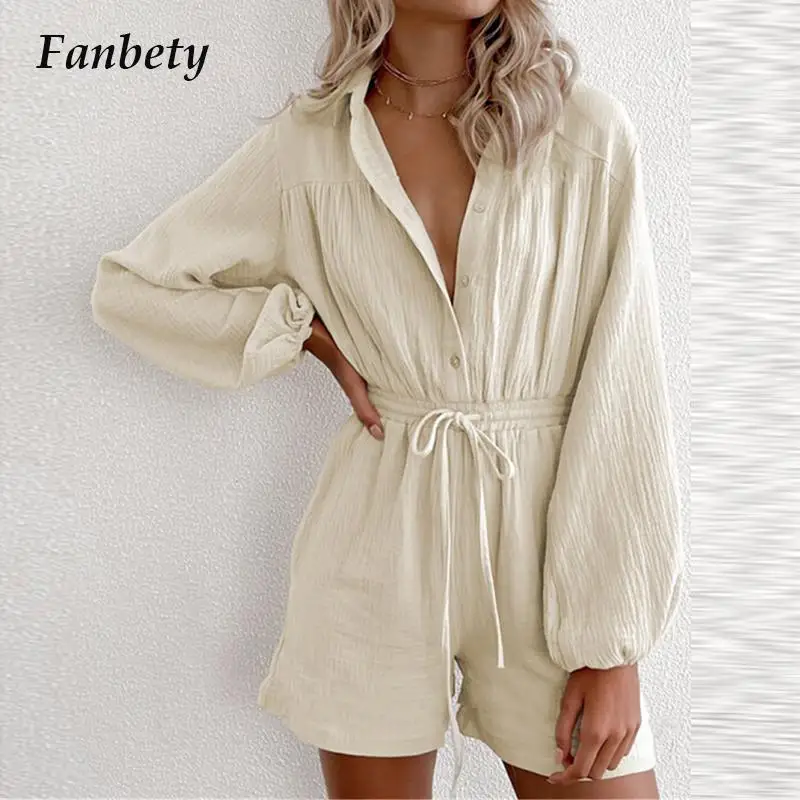

Casual Women Waisted Lace Up Shorts Playsuits Fashion Solid Long Sleeve Rompers New Elegant Lapel Single-breasted Short Jumpsuit