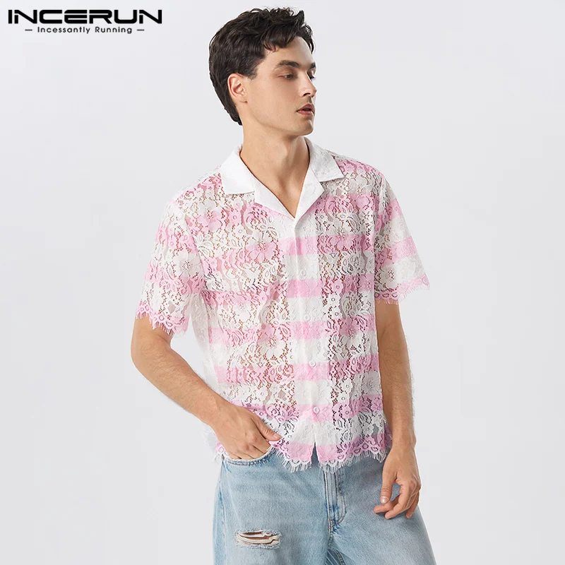 

Men Shirt Lace Striped Transparent Lapel Short Sleeve Breathable Sexy Men Clothing Streetwear 2023 Fashion Camisas S-5XL INCERUN