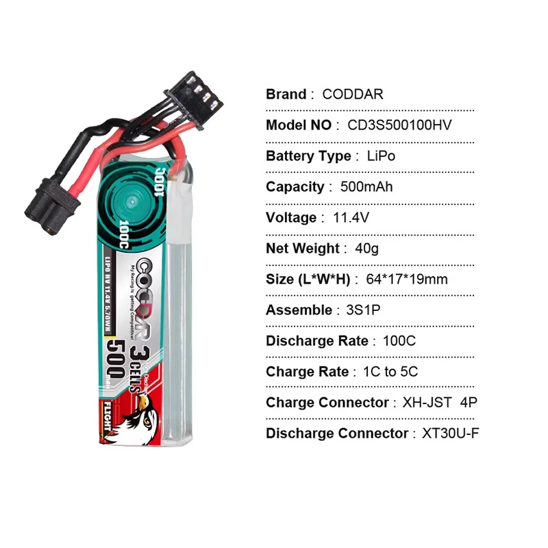 CODDAR 500MAH 3S 11 4 V 100C HV литиевая батарея с высоким увеличением для внутреннего
