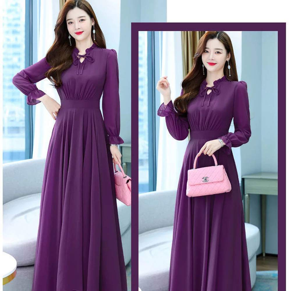 

Korean Vintage Long Party Chiffon Summer Women Casual Dresse Flare Sleeve High Waist Bow Woman Solid Elegant A-Line Dress
