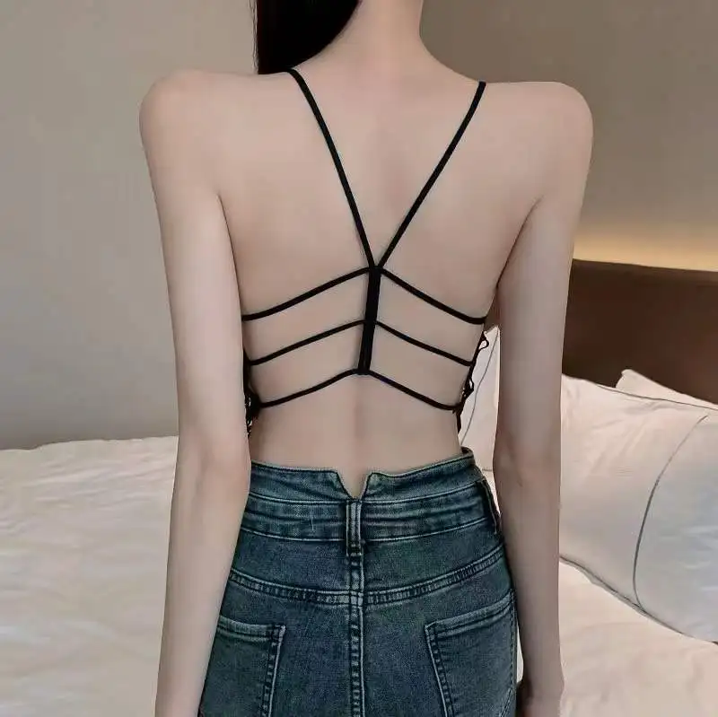 

Women's Sexy Sling Underwear Sweetheart Cotton Crochet Hollow Beauty Back Thin Tube Top with Chest Pad Solid Color Girl