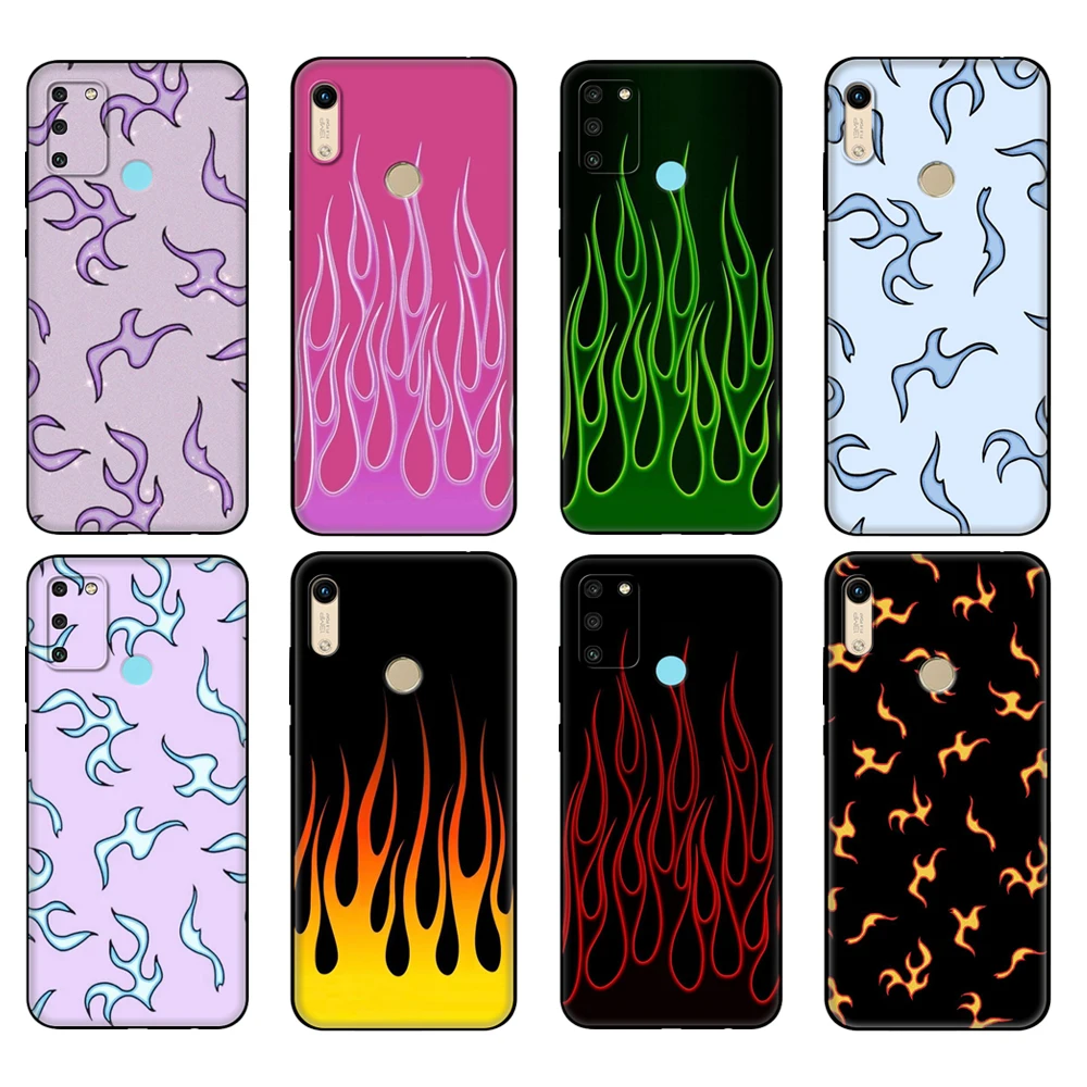 

Black tpu Case For Honor 8a Prime 8s 9 10X Lite 9A 9C 9X Premium Pro 9S Case Cover Red＆green Flame