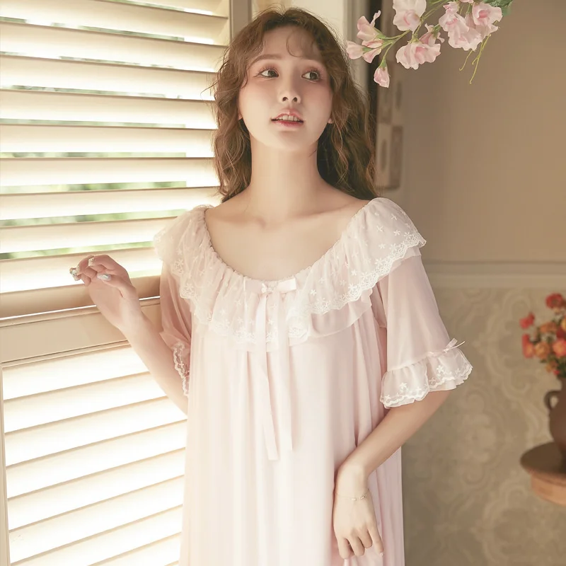 Modal Mesh Nightdress Women Lace Short Sleeve Nightgown Spring Sleepshirt Summer Princess Palace Style Home Dressing Gowns Women