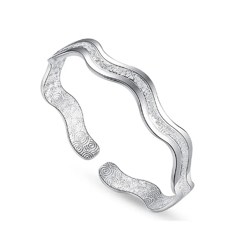 

925 Sterling Silver Ladies Shiny Ripple Whirl Bracelet Women Men Girls Open Cuff Bangle Adjustable Gift Present Christmas