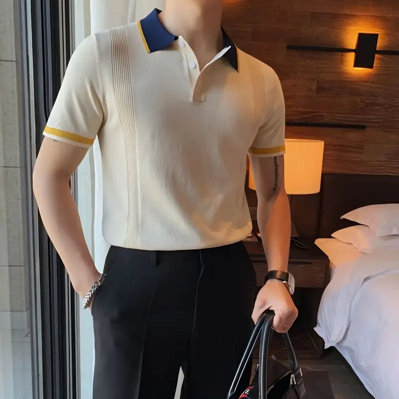 

Men's 2023 New Knitted High Grade Polo Shirt Men's Short Sleeve Korean Fashion Polo Neck Light Luxury Half Sleeve T-shirt ins