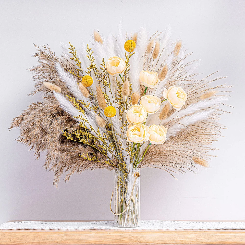 

100Pcs Boho Home Decor Dried Pampa Flowers Artificial Roses Bouquet Arrangements White & Natural Pampas Grass, Reed, Bunny Tails