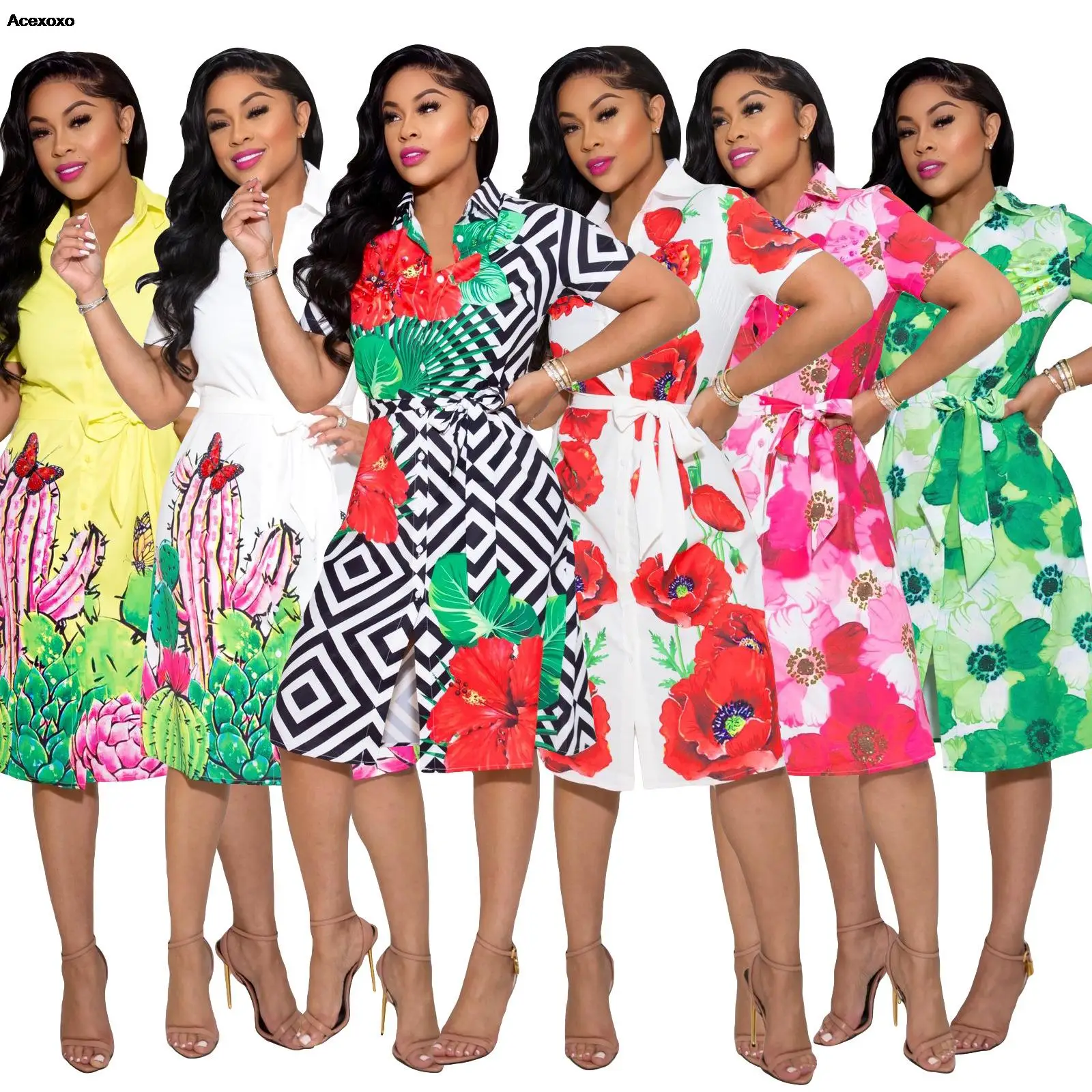 

European and American fashion printed cardigan dress (belt)