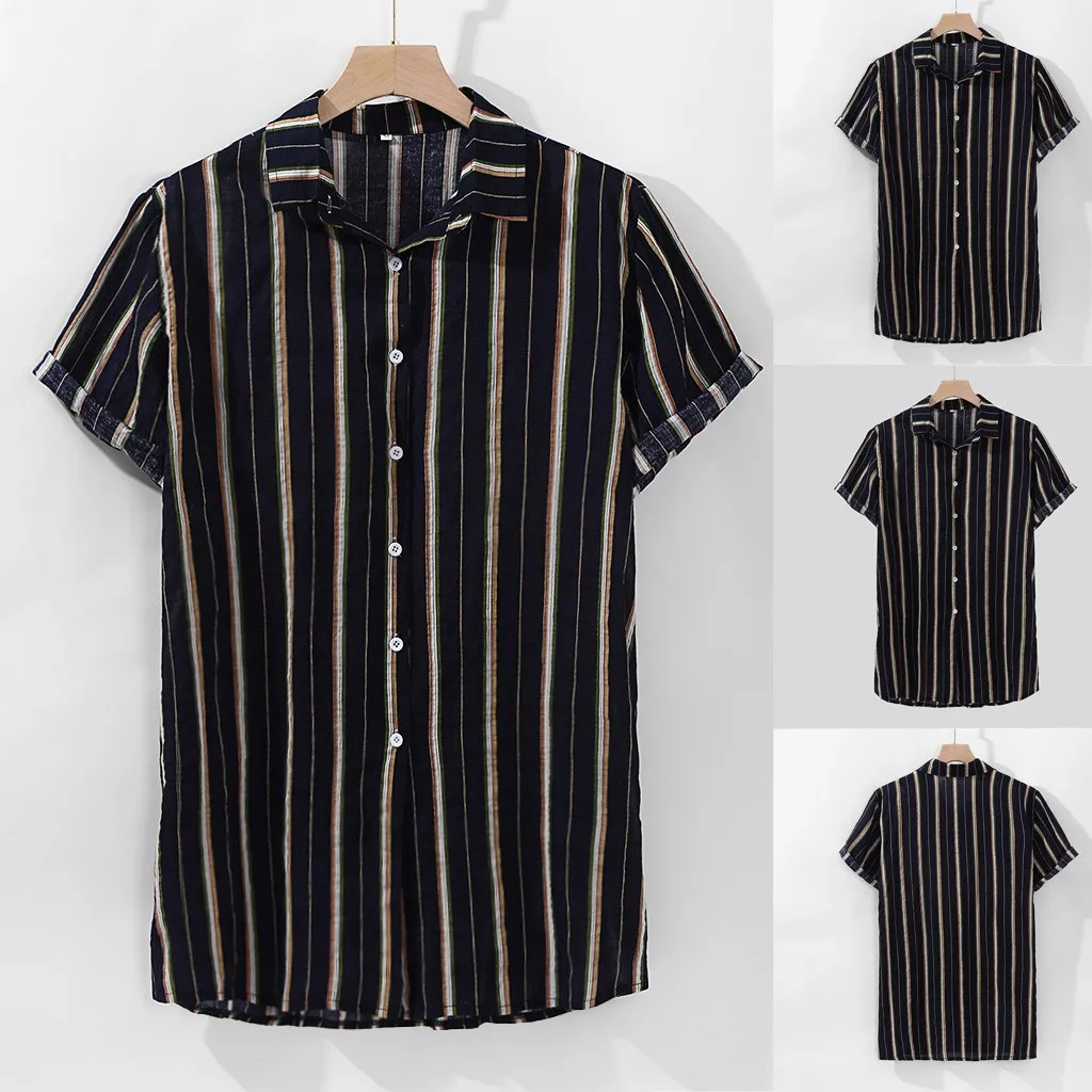 

Short Casual Colorful Men's Sleeve Buttons Loose Shirt Summer Blouse Stripe Men's blouse Mens Breast Pink Dress Shirt