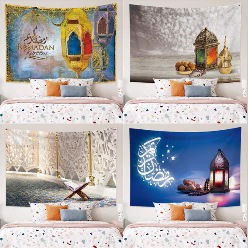 

Muslim Party 2022 Eid Mubarak Ramadan Festival Tapestry Palace Moon Lantern Pattern Wall Hanging Blankets Islamic Mubarak Party