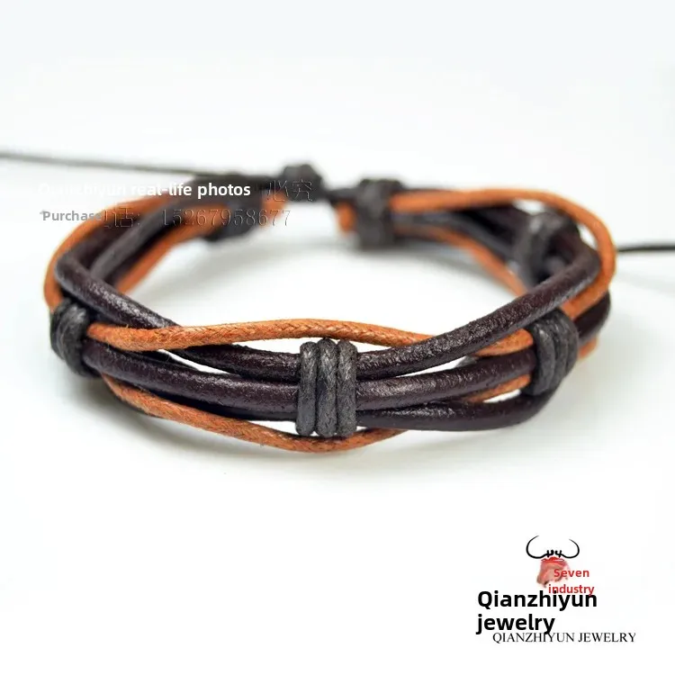 Многослойный браслет из коровьей кожи ручной работы мужской винтажный стиль